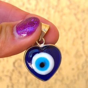 Sterling Silver Plated Heart Evil Eye Cobalt Blue Glass Art Pendant